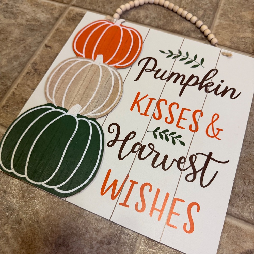 Pumpkin Kisses & Harvest Wishes Fall Wood Sign Beaded Hanger 10in Square
